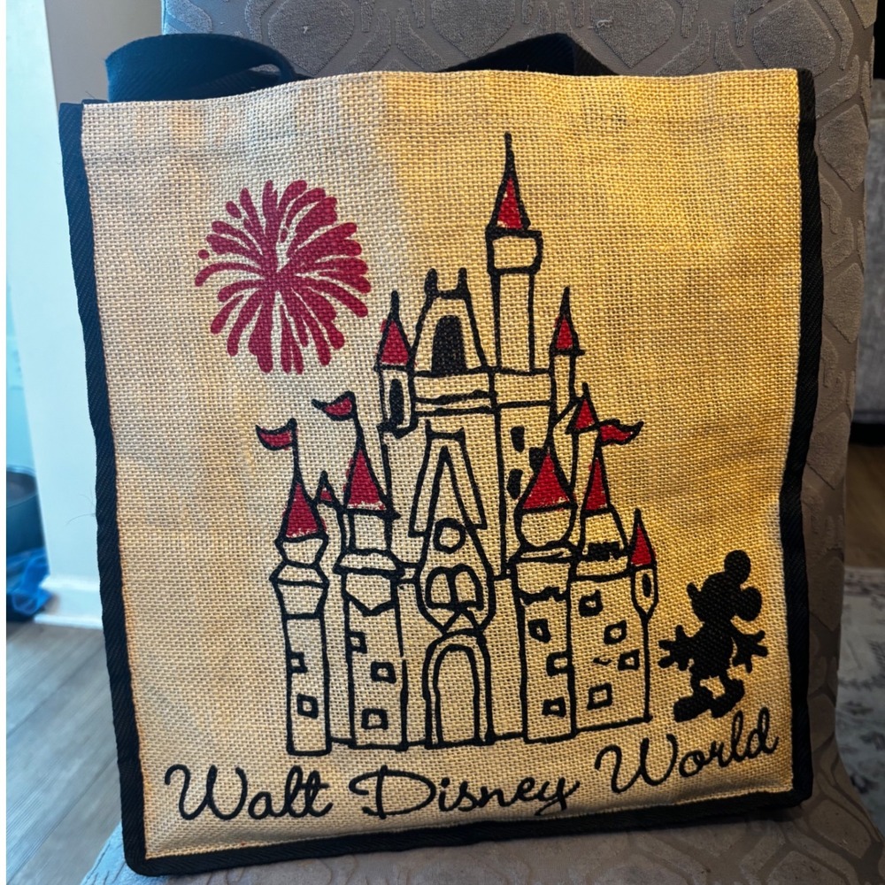 Disney Parks Walt Disney World Burlap Tote Bag Mickey Mouse Castle Reusable